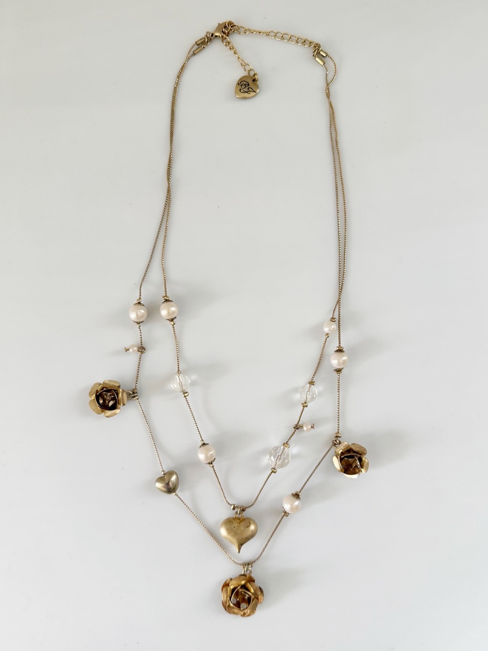 Betsey Johnson Vintage Layer Gold Tone Floral Hearts Necklace